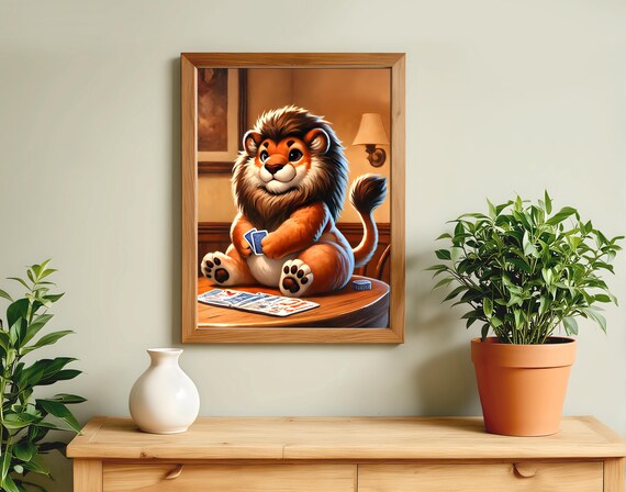 Lion Playing Cards at Table Poker Night Funny Cute Art Poster