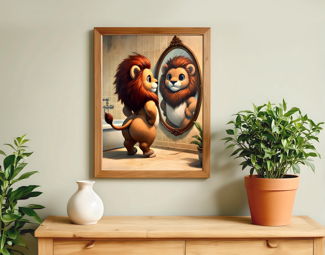Lion Admiring Itself in Mirror Bathroom Funny Cute Art Poster