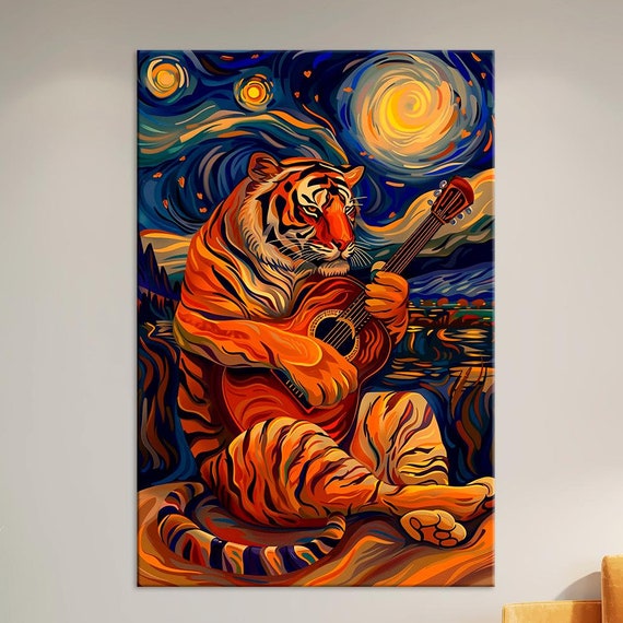 Tiger Art Tiger Playing Guitar Wall Art Van Gogh Style Animal Print Music Extra Large Wall Art Living Room Decor Print