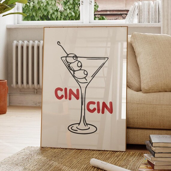 Cin Cin Martini Glass Olive Cocktail Retro Bar Cart Wall Poster