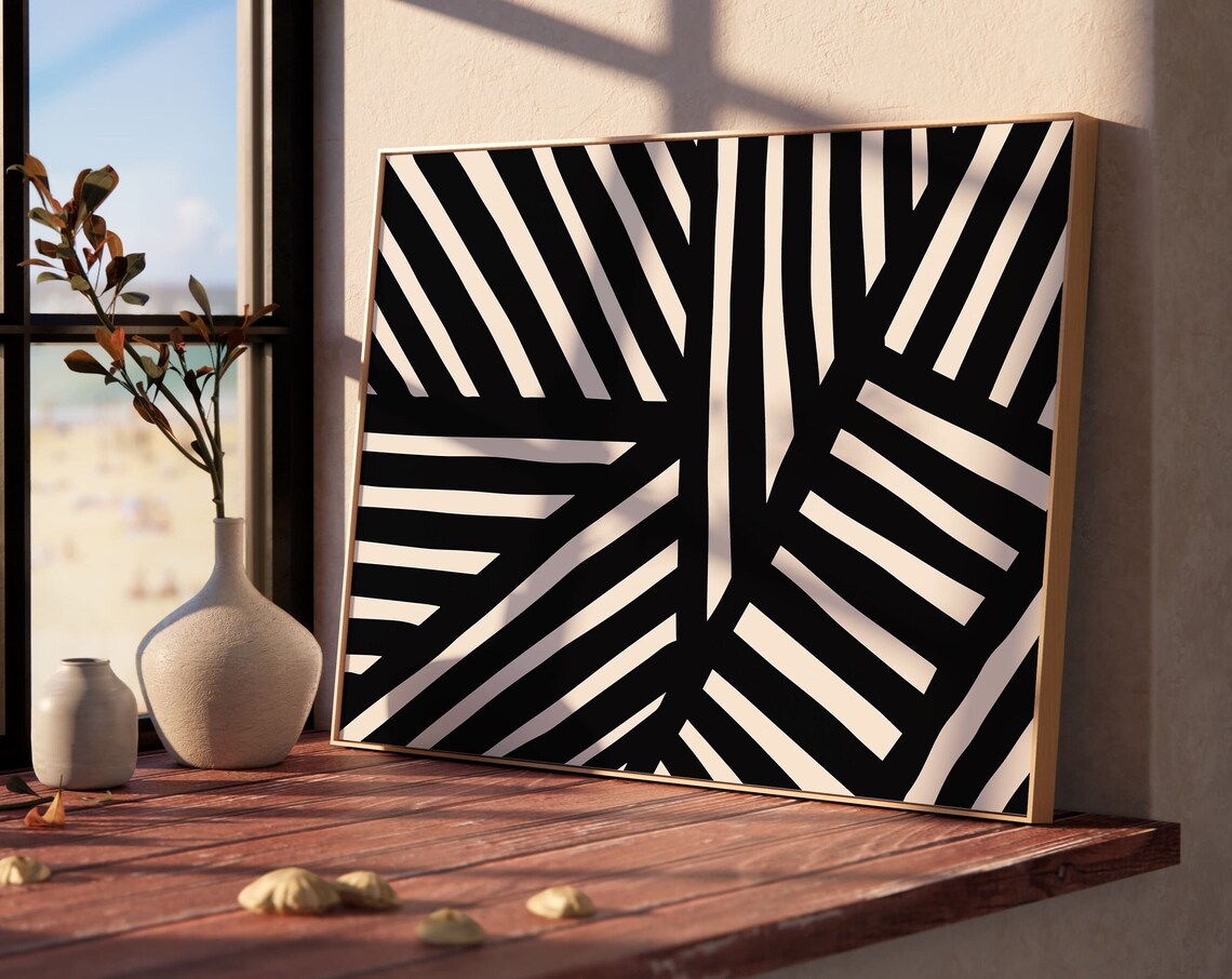 Horizontal Black and White Geometric Palm Leaf Modern Art Poster