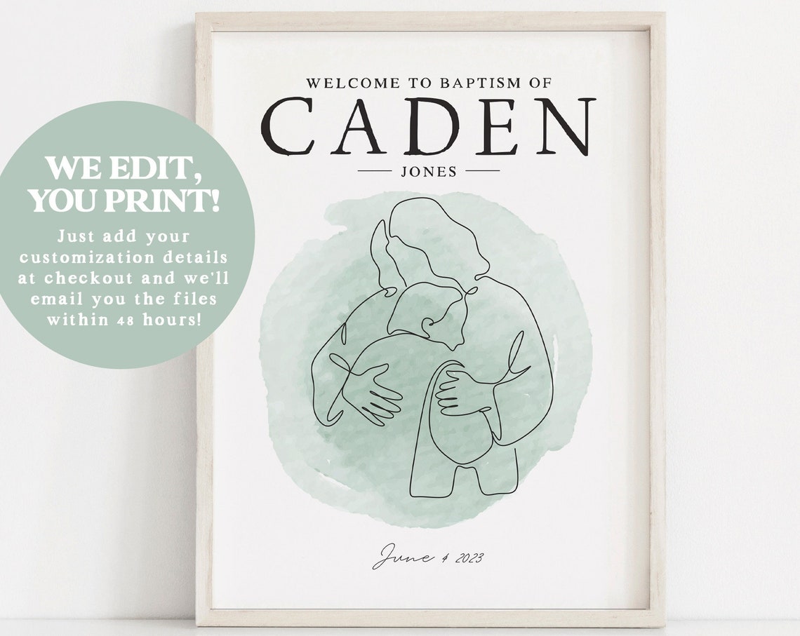 Custom Baptism Welcome Sign Sage Watercolor Line Art Editable Print