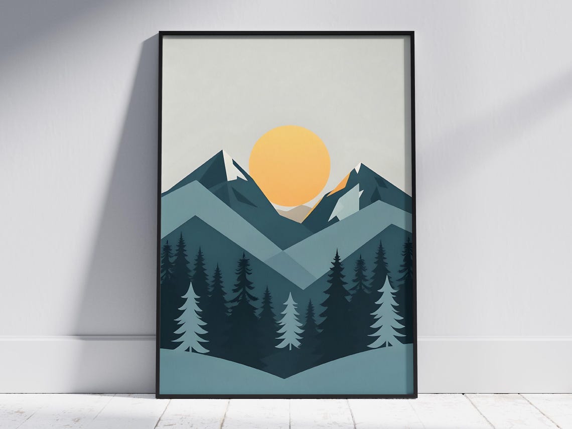 Geometric Layered Teal Mountains Orange Sun Modern Art Poster