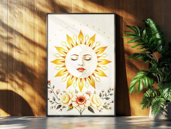 Sun And Moon Celestial Face Print Boho Beige Star Art