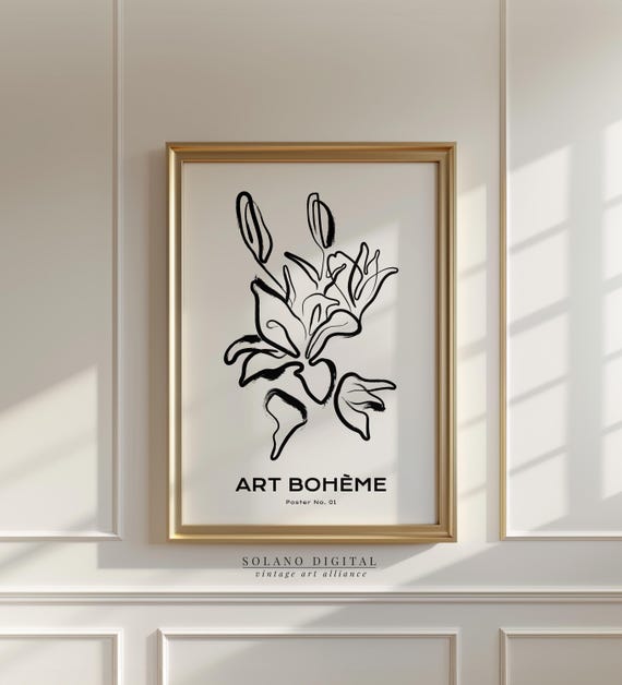 Abstract Boho Botanical Art Modern Black Line Floral Wall Decor Ink Brush Minimalist Poster