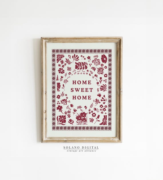 Home Sweet Print Wall Art Trendy Decor For Minimalist Living Room Cottage Kitchen Burgundy Botanical