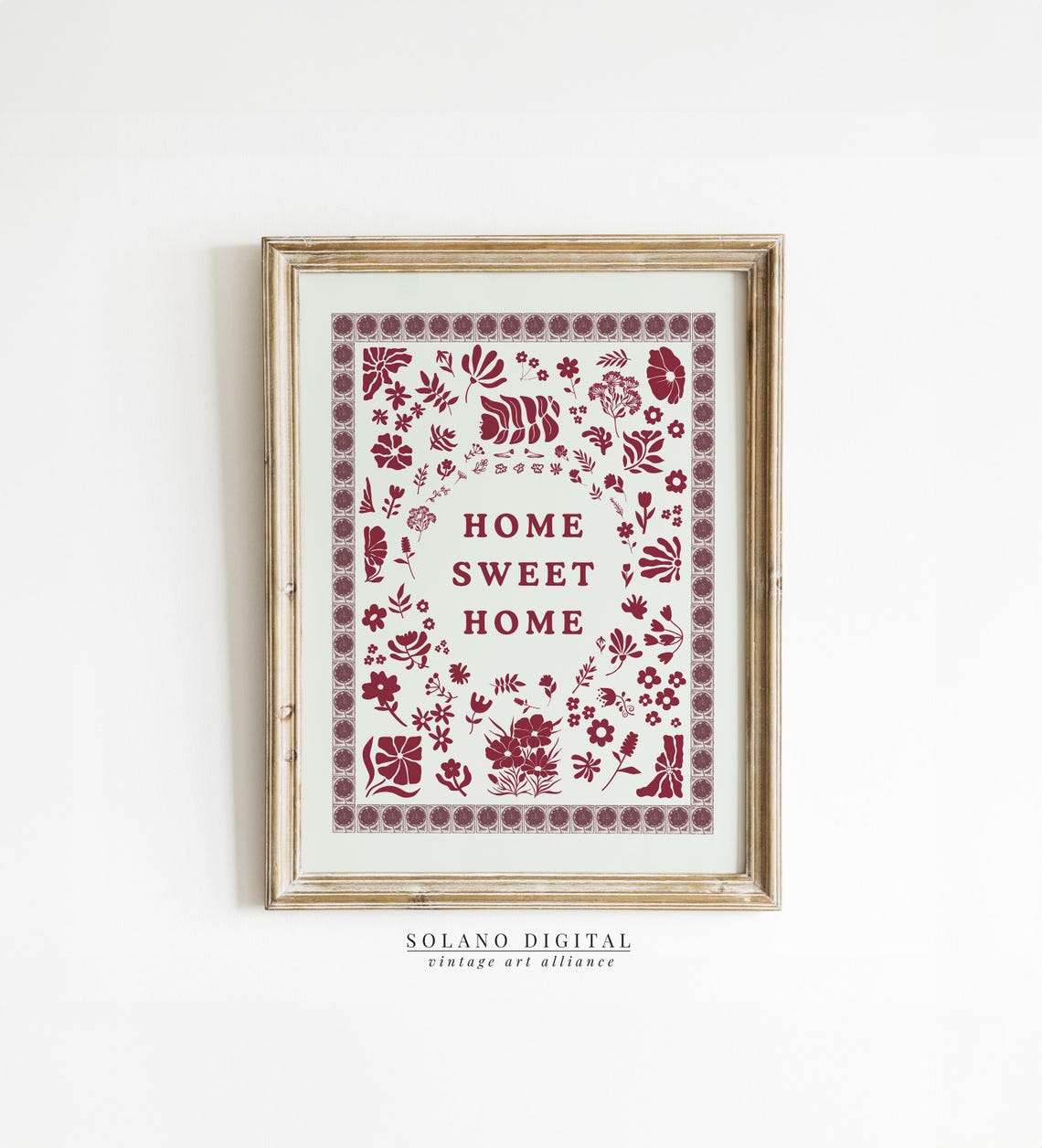 Home Sweet Home Burgundy Botanical Poster Floral Quote Cottage Decor