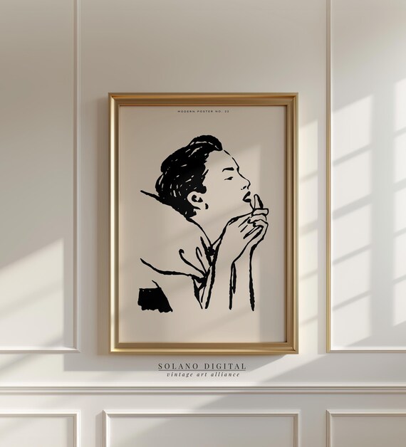 Dreamy Woman Portrait Black Ink Modern Minimalist Art Poster