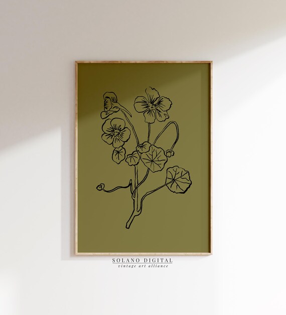 Vintage Botanical Flower Line Art Print Boho Plant Illustration Wall Green Background Floral Poster Maison Bohme