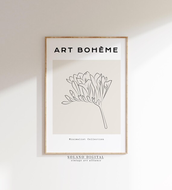 Botanical Line Art Print Boho Flower Illustration Poster Bohme Minimalist Wall Decor Black White