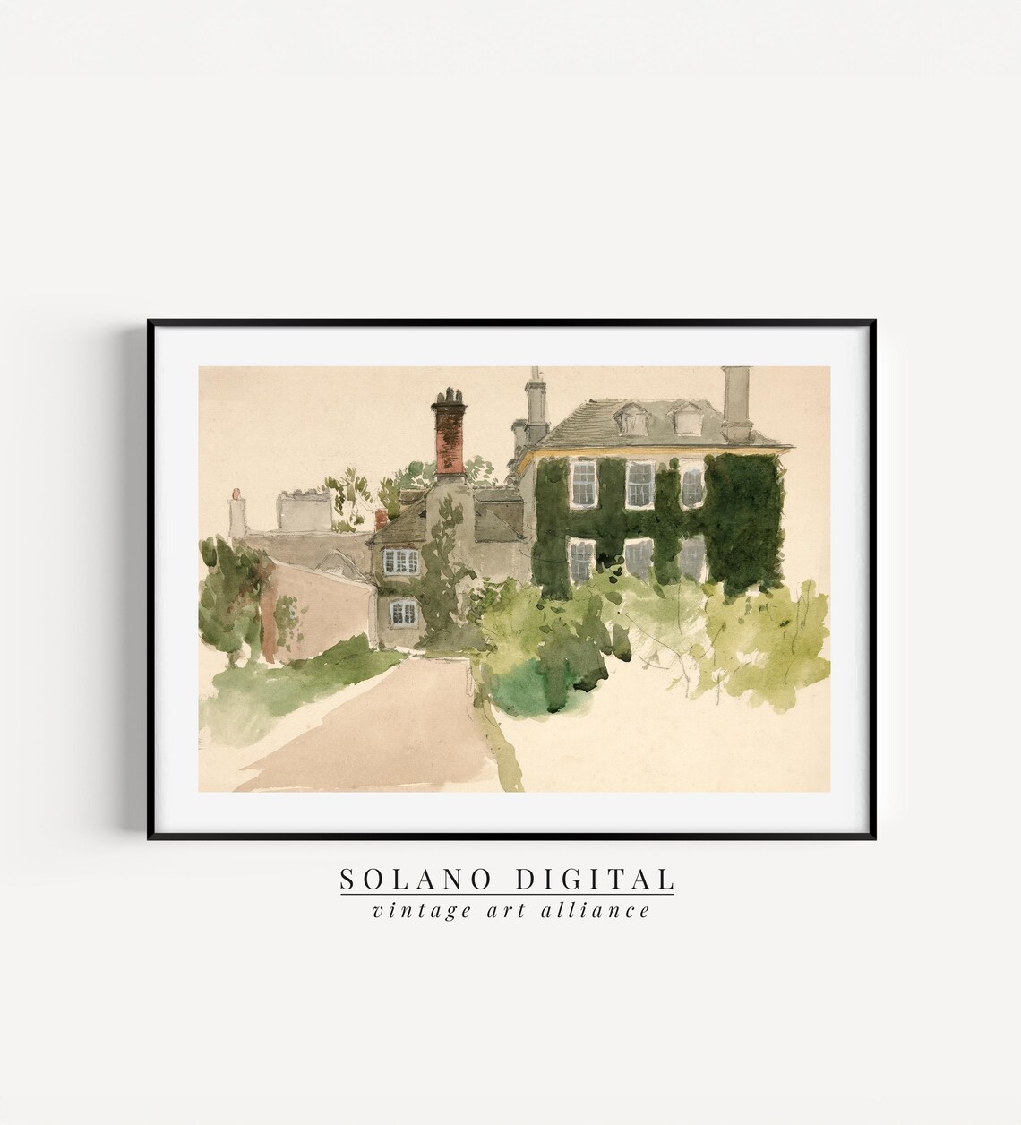 English Cottage Vintage House Art Print, Rustic Landscape