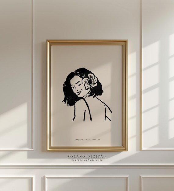 Minimalist Woman Line Art With Flower Modern Black And White Wall Decor Feminine Portrait Illustration