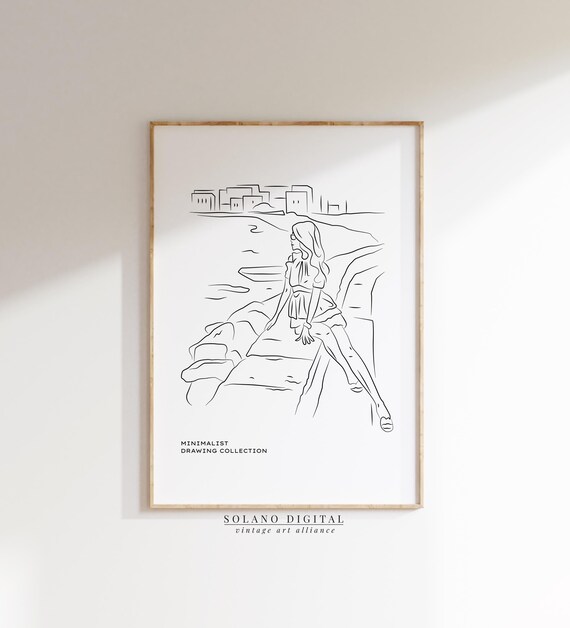Woman On Seaside Rocks Minimalist Coastal Line Drawing Art Poster