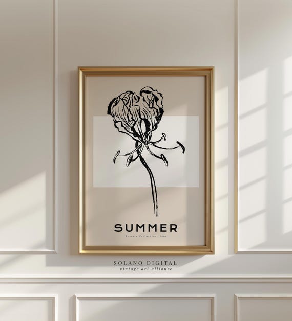 Minimalist Flower Line Art Print Modern Botanical Wall Summer Floral Poster Black And Beige