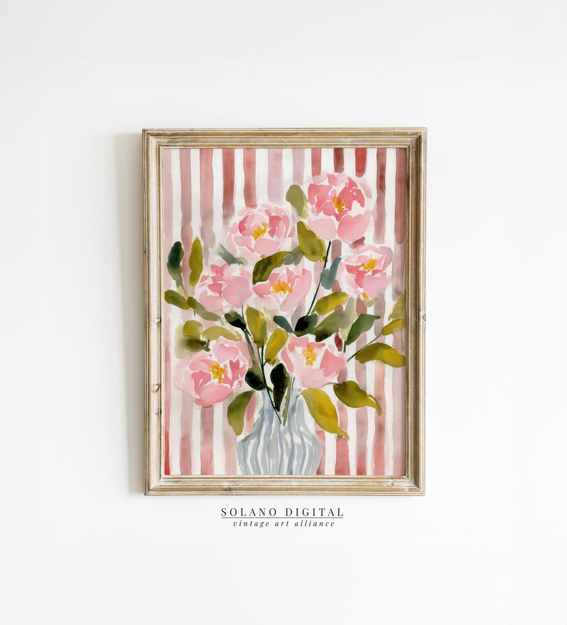 Pink Peonies Watercolor Bouquet on Rose Stripes Floral Art Print