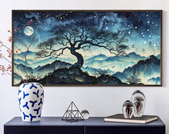Dreamy Moonlit Landscape Atmospheric Celestial Painting Print With Old Oak Tree Modern Mountain Art For Above Bed Decor Panoramic Print