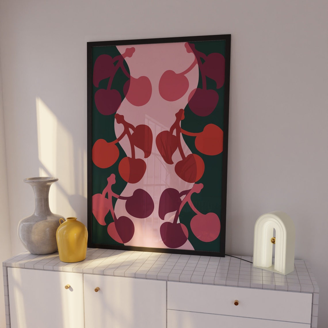 Cherry Pattern Dark Green Pink Retro Dopamine Colorful Fruit Wall Art