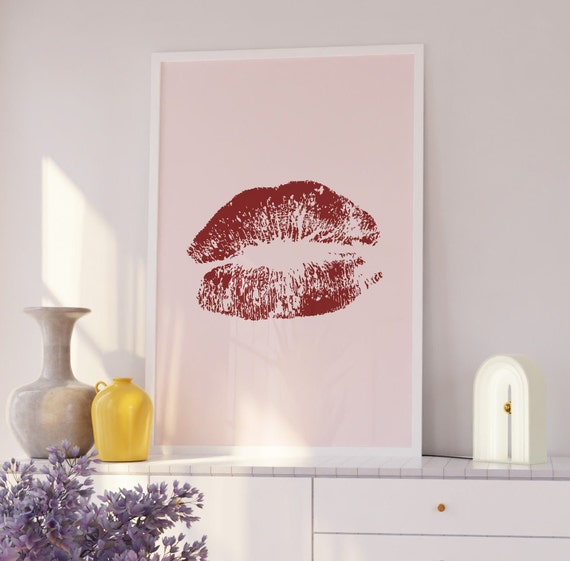 Kiss Wall Art Pink Decor Living Room Heart Print Nursery For Valentines Minimalist
