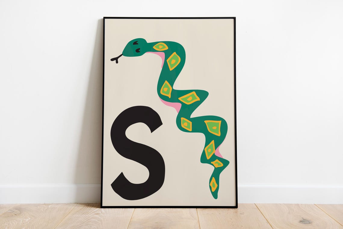 Letter S Green Patterned Snake Alphabet Kids Nursery Art Poster