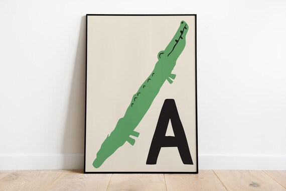 Letter A Green Crocodile Alphabet Kids Animal Nursery Art Poster