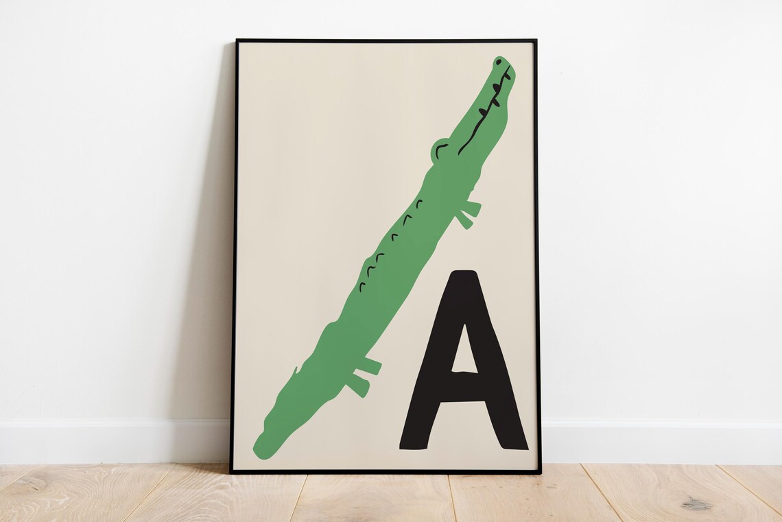 Letter A Green Crocodile Alphabet Kids Animal Nursery Art Poster
