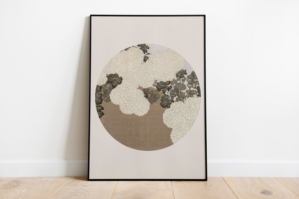 White Chrysanthemum Circle Vintage Floral Botanical Art Poster