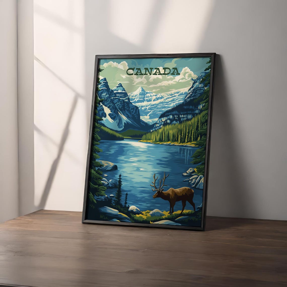 Canada Rockies Alpine Lake Elk Snowy Peaks Vintage Travel Poster - Image 2