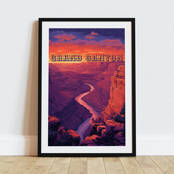 Grand Canyon Arizona Sunset River Bend Starry Night Travel Poster