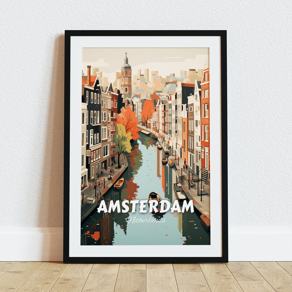 Amsterdam Canal Historic Row Houses Autumn Retro Travel Poster