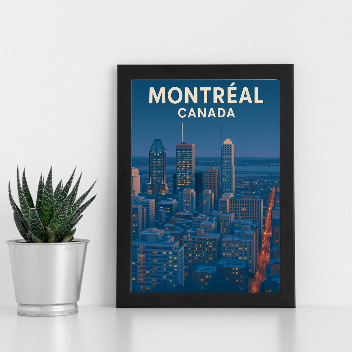 Montreal Canada Night Skyline Downtown Vintage Travel Poster
