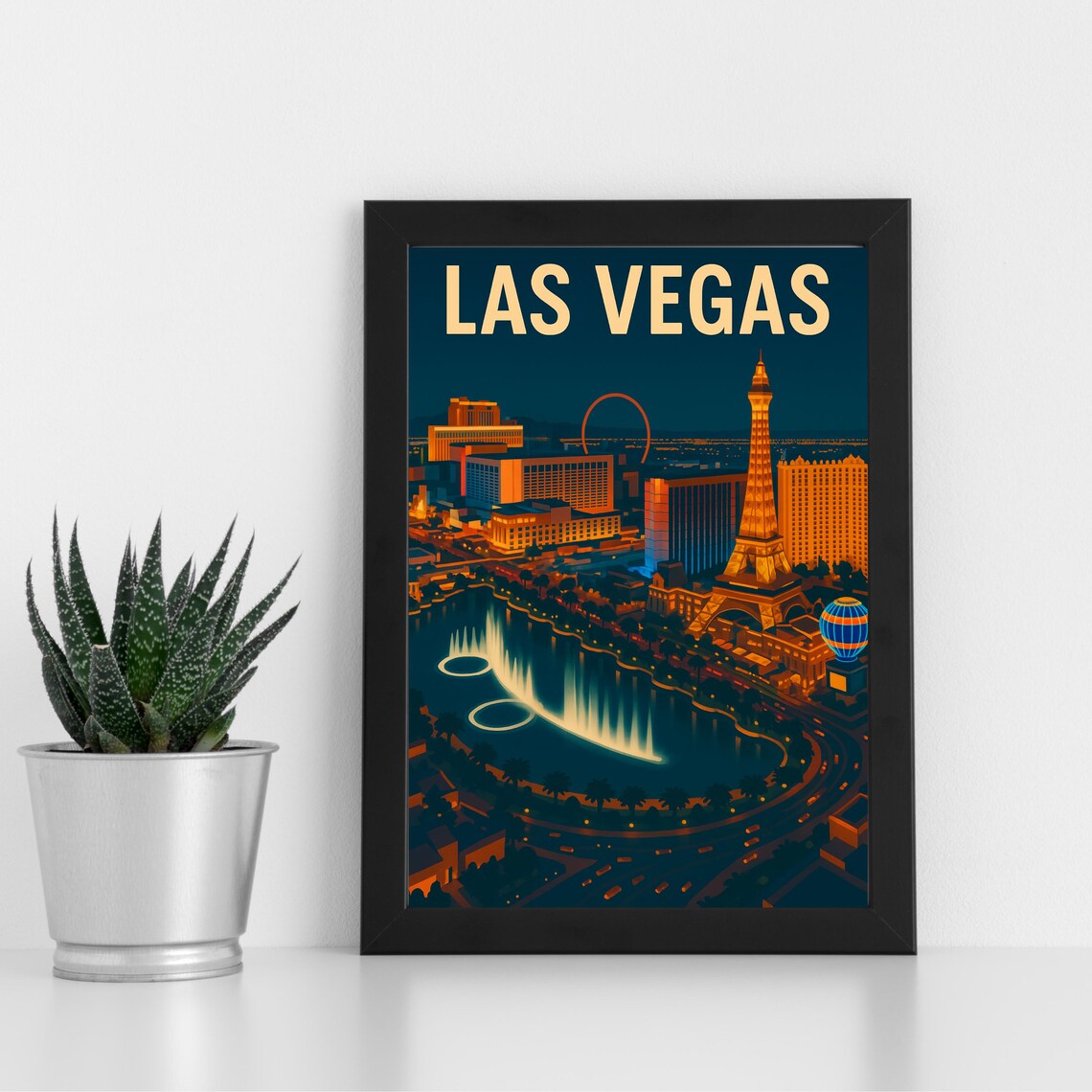Las Vegas Night Strip Bellagio Fountains Skyline Travel Poster