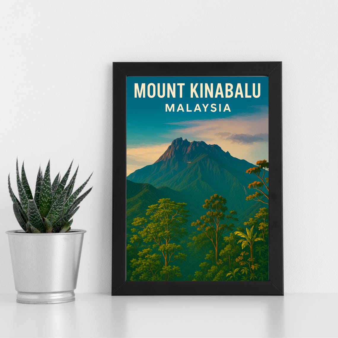 Mount Kinabalu Malaysia Retro Travel Poster Rainforest Peak Art