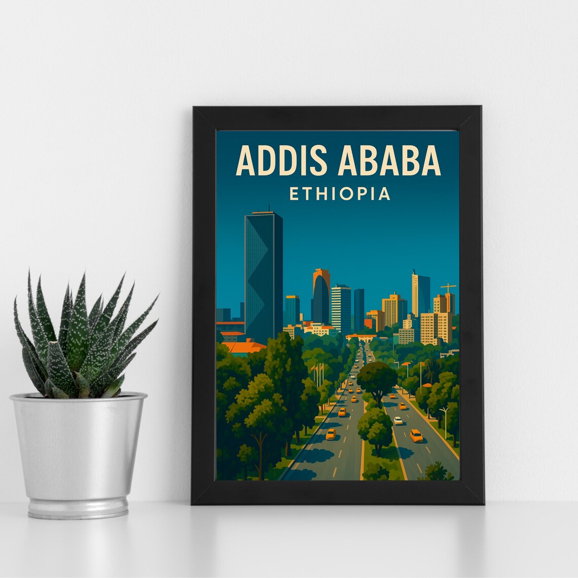 Addis Ababa Ethiopia Modern Avenue Skyline Vintage Travel Poster