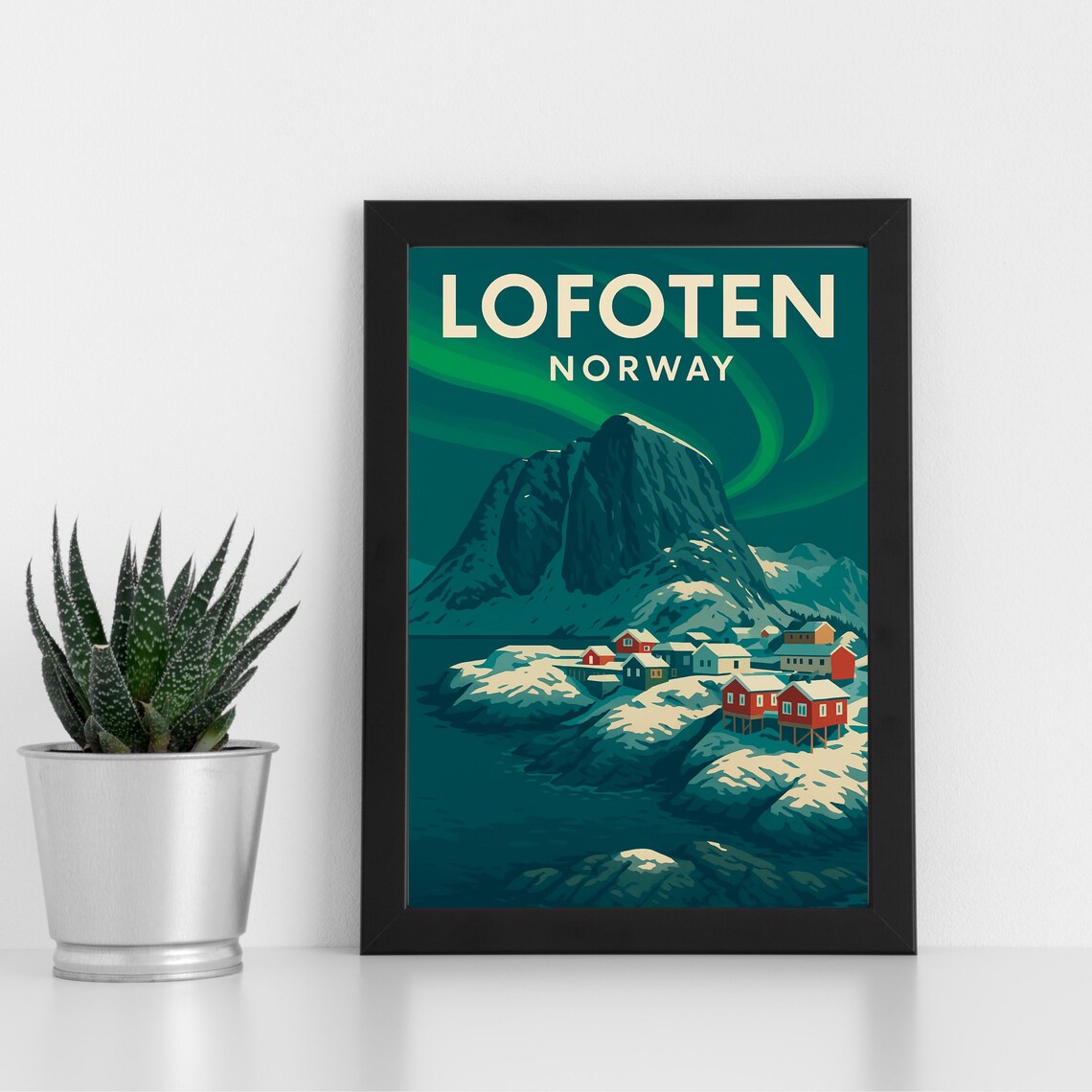 Lofoten Norway Northern Lights Red Cabins Vintage Travel Poster