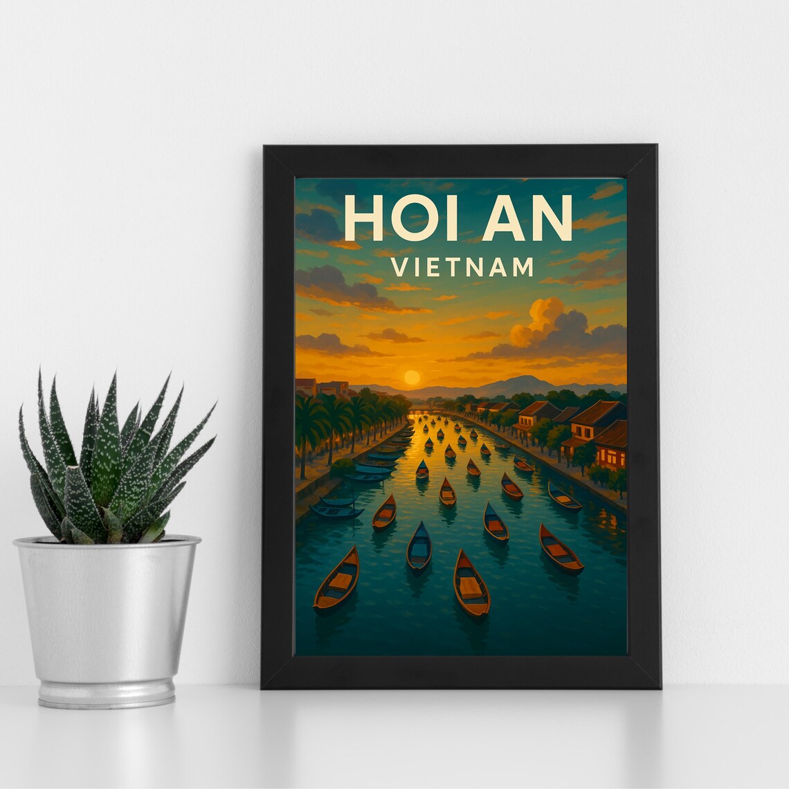 Hoi An Vietnam Ancient Town River Boats Golden Sunset Travel Poster