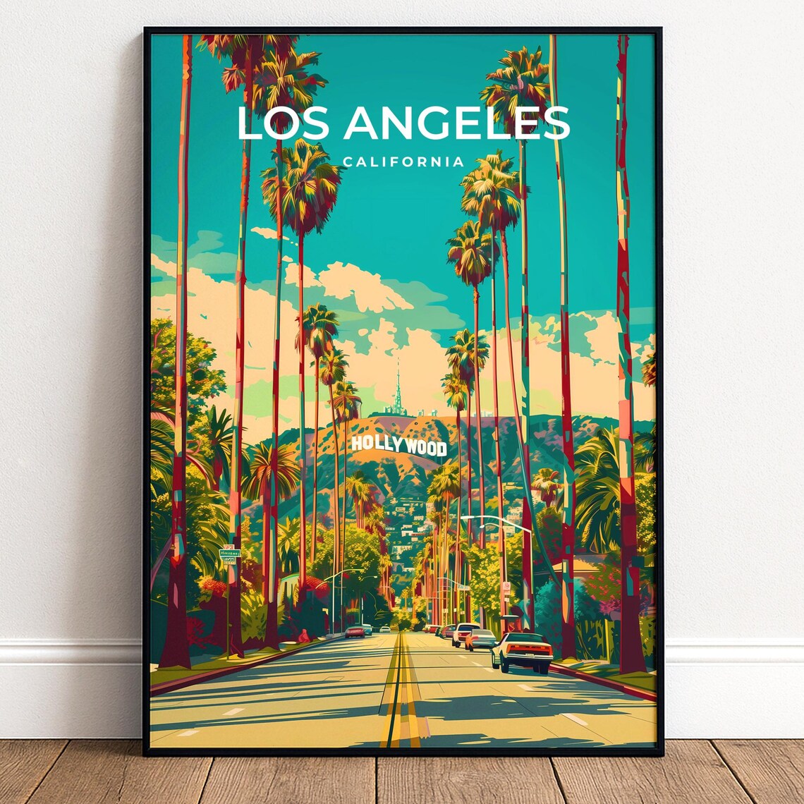Los Angeles California Hollywood Sign Palm Street Retro Travel Poster