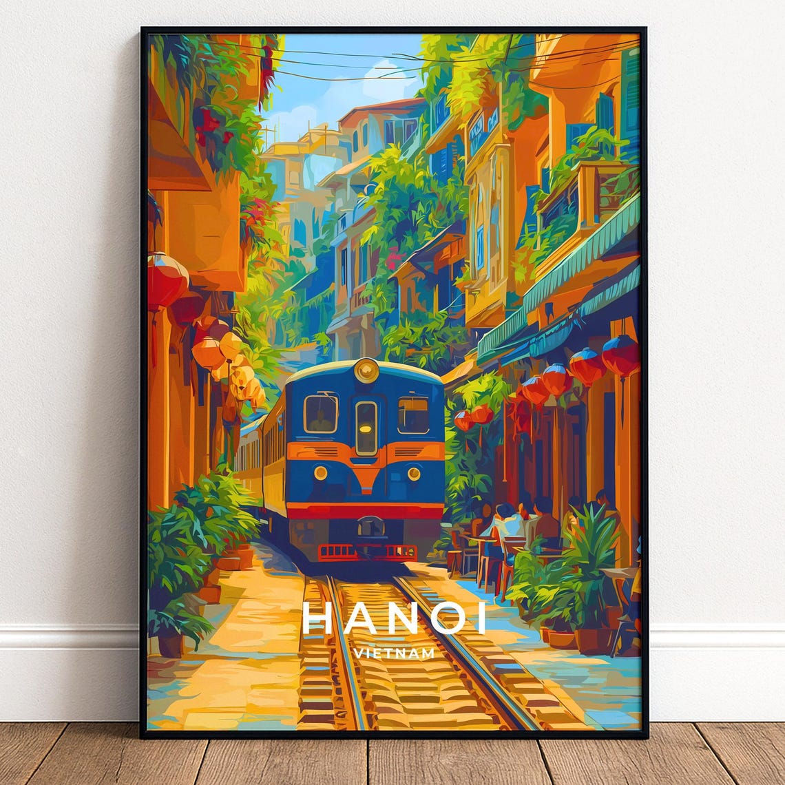 Hanoi Vietnam Train Street Lanterns Retro Travel Poster Artwork