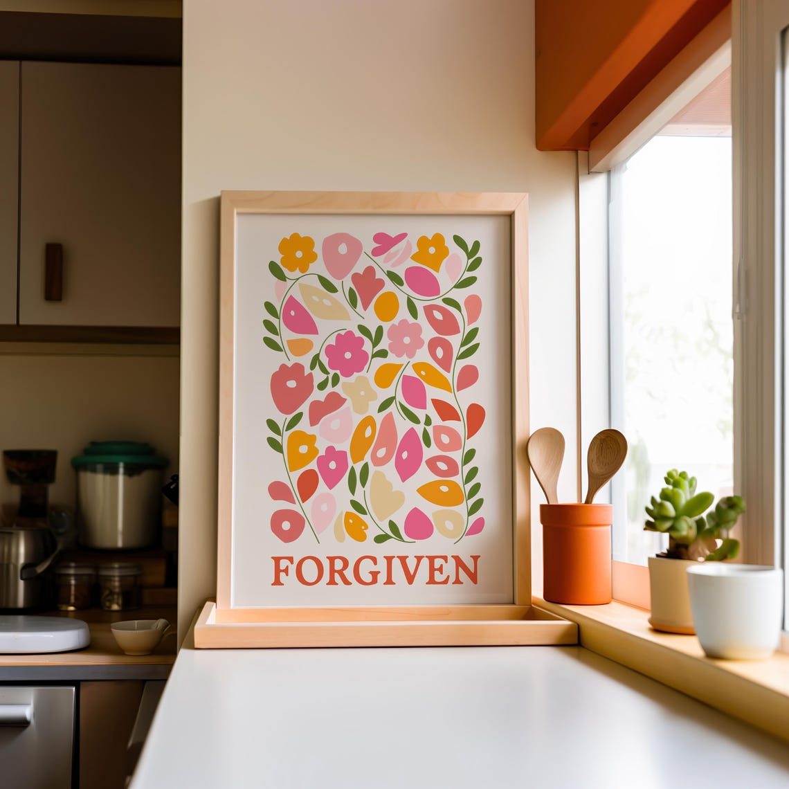 Forgiven Christian Wall Art Flower Print Colorful Floral Bible Verse Print Retro Wall Art Scripture Art Wall Decor - Image 2