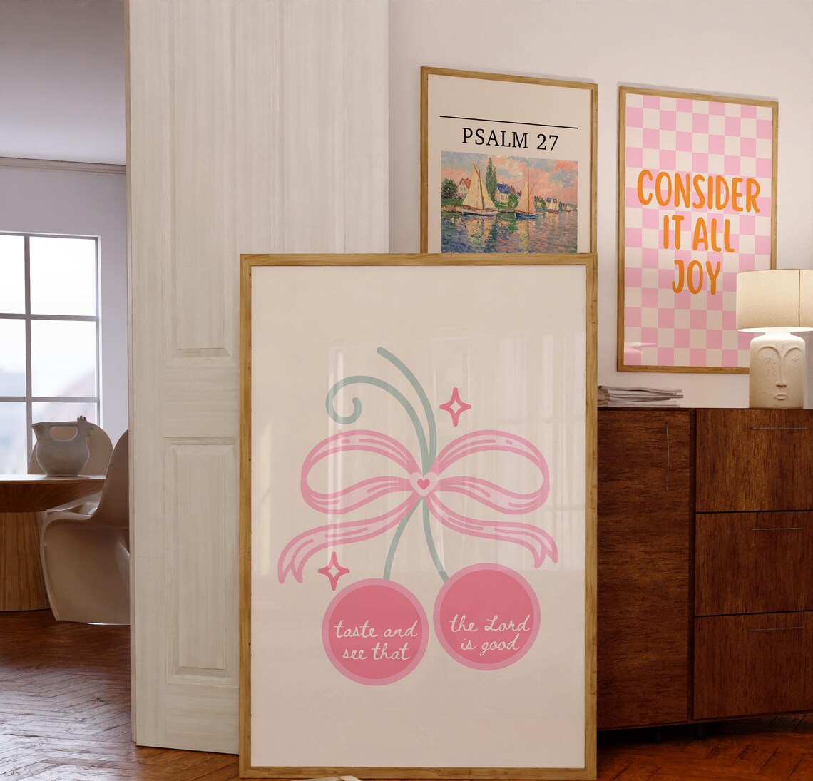 Taste And See That The Lord Is Good Pink Cherry Bow Christian Poster - Image 5