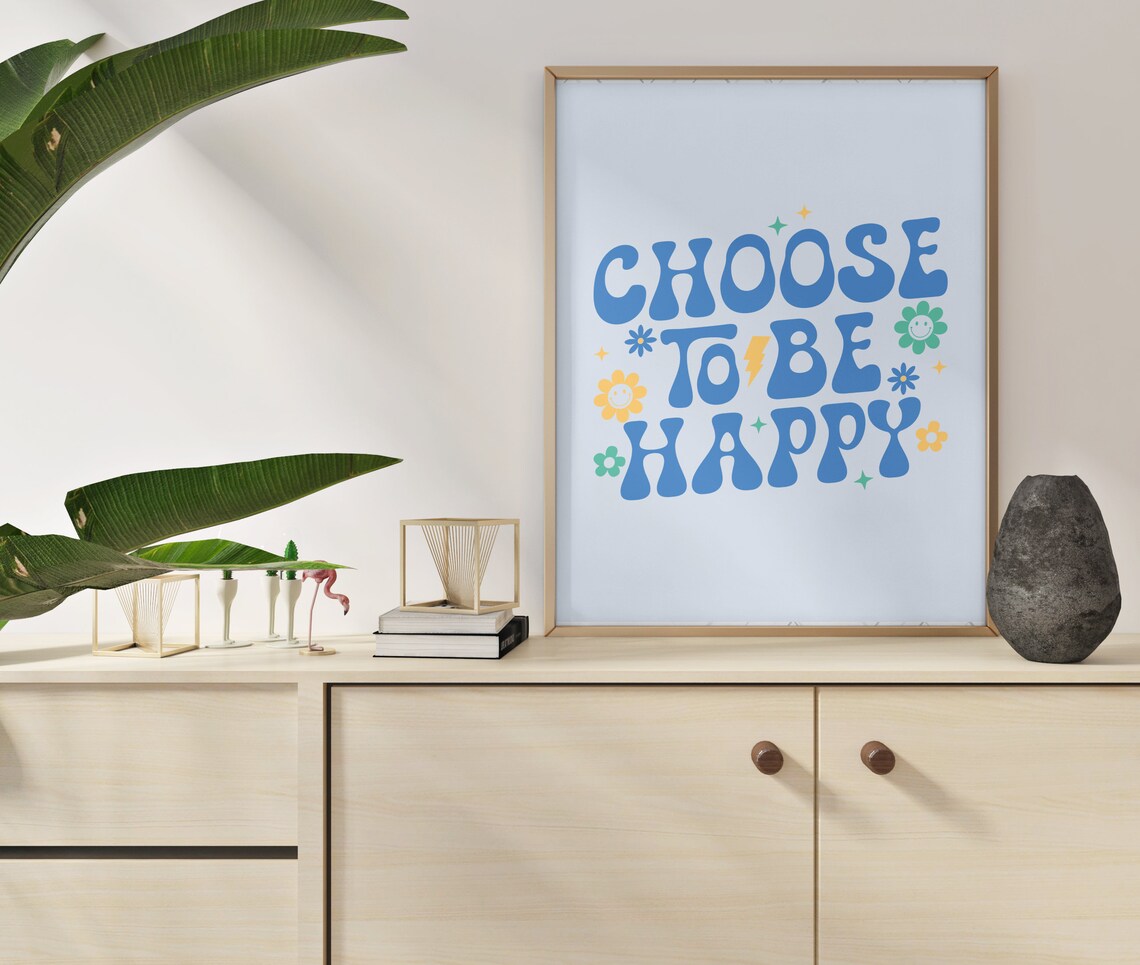 Retro Groovy Wall Print Choose To Be Happy Print Typography Print Print Large Art Wall Decor Retro Poster - Image 4