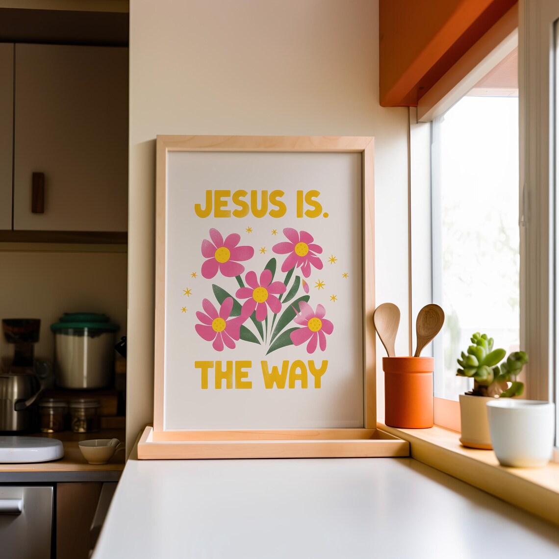 Jesus Is The Way Retro Pink Flower Bold Christian Faith Poster - Image 2
