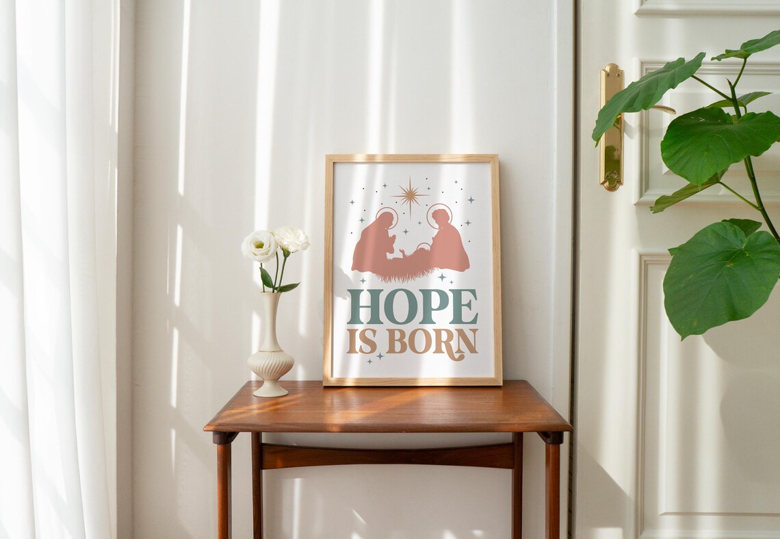 Muted Nativity Silhouette Hope Is Born Christmas Christian Poster - Image 2