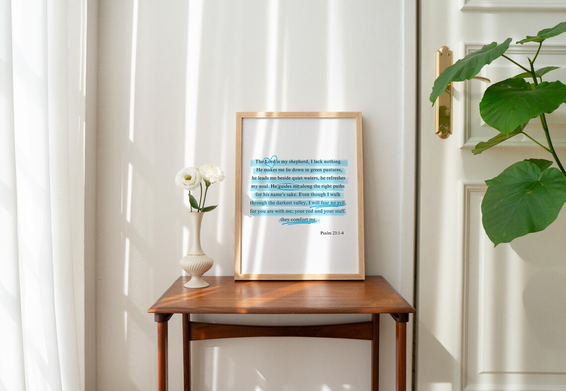 Psalm 23:1-4 The Lord Is My Shepherd Blue Highlighted Bible Poster - Image 2