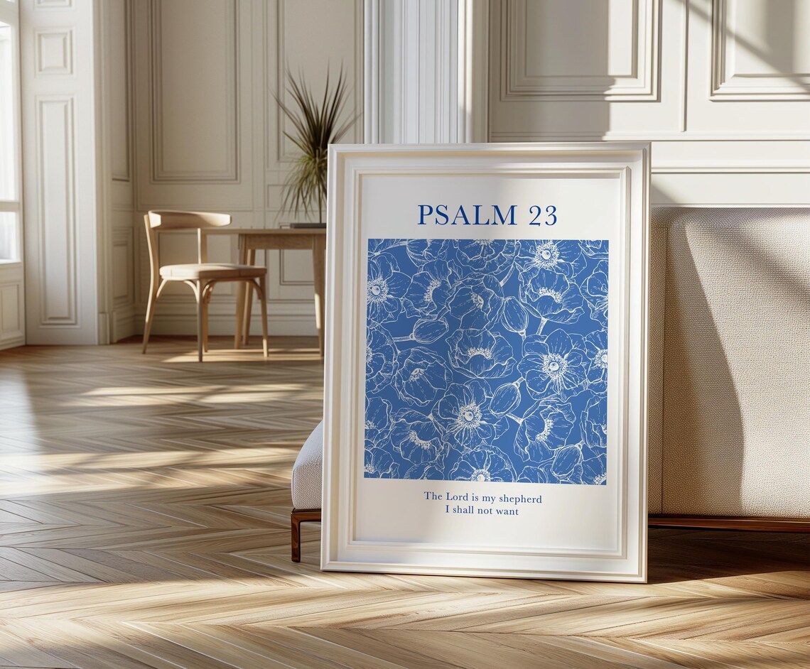 Psalm 23 The Lord Is My Shepherd Blue Floral Bible Quote Poster - Image 2
