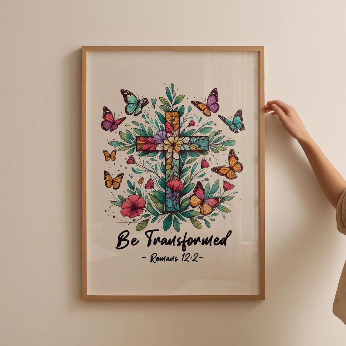 Be Transformed Romans 12:2 Floral Cross Butterfly Christian Poster - Image 4