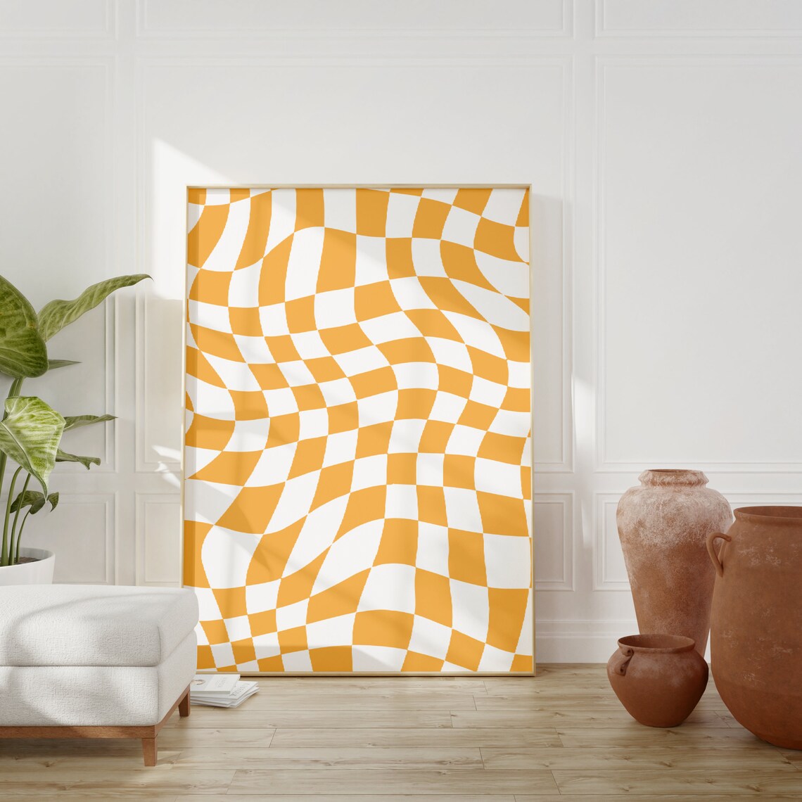 Retro Wall Art Wavy Checkered Orange Poster Trendy Print Art Wall Decor Retro Poster Wall Art Prints - Image 2