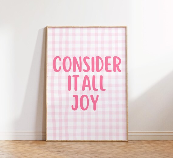 Pink Gingham Checkered Consider It All Joy Scripture Verse Poster