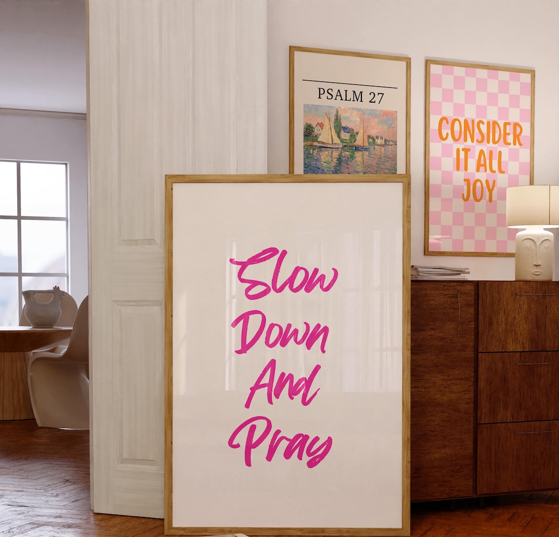 Slow Down And Pray Pink Brush Script Christian Faith Verse Poster