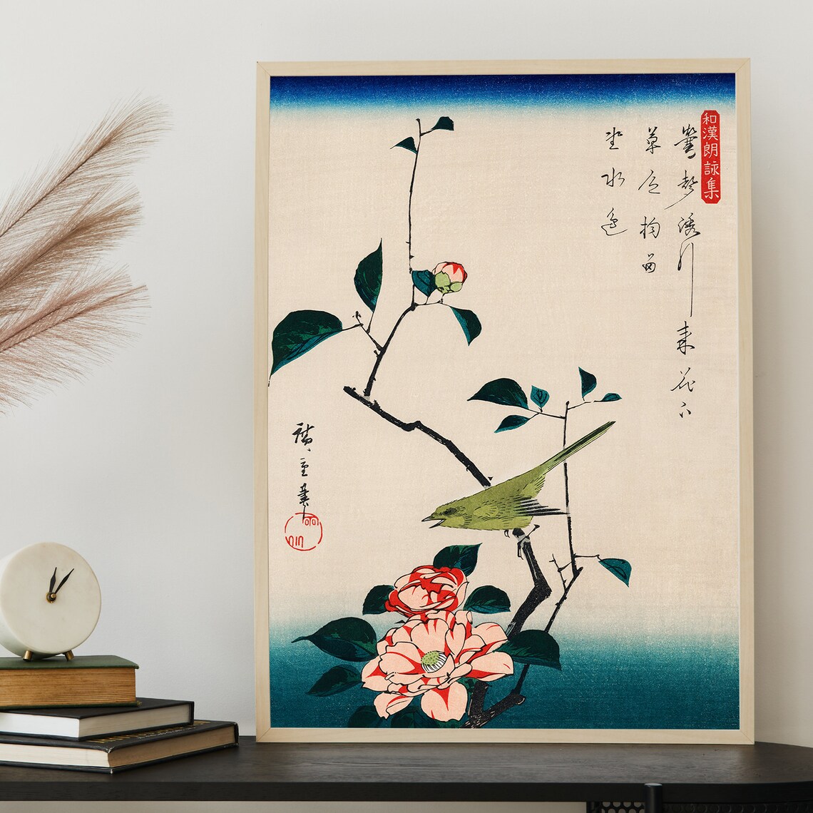 Hiroshige Green Bird On Striped Camellia Blossom Woodblock Poster - Image 3