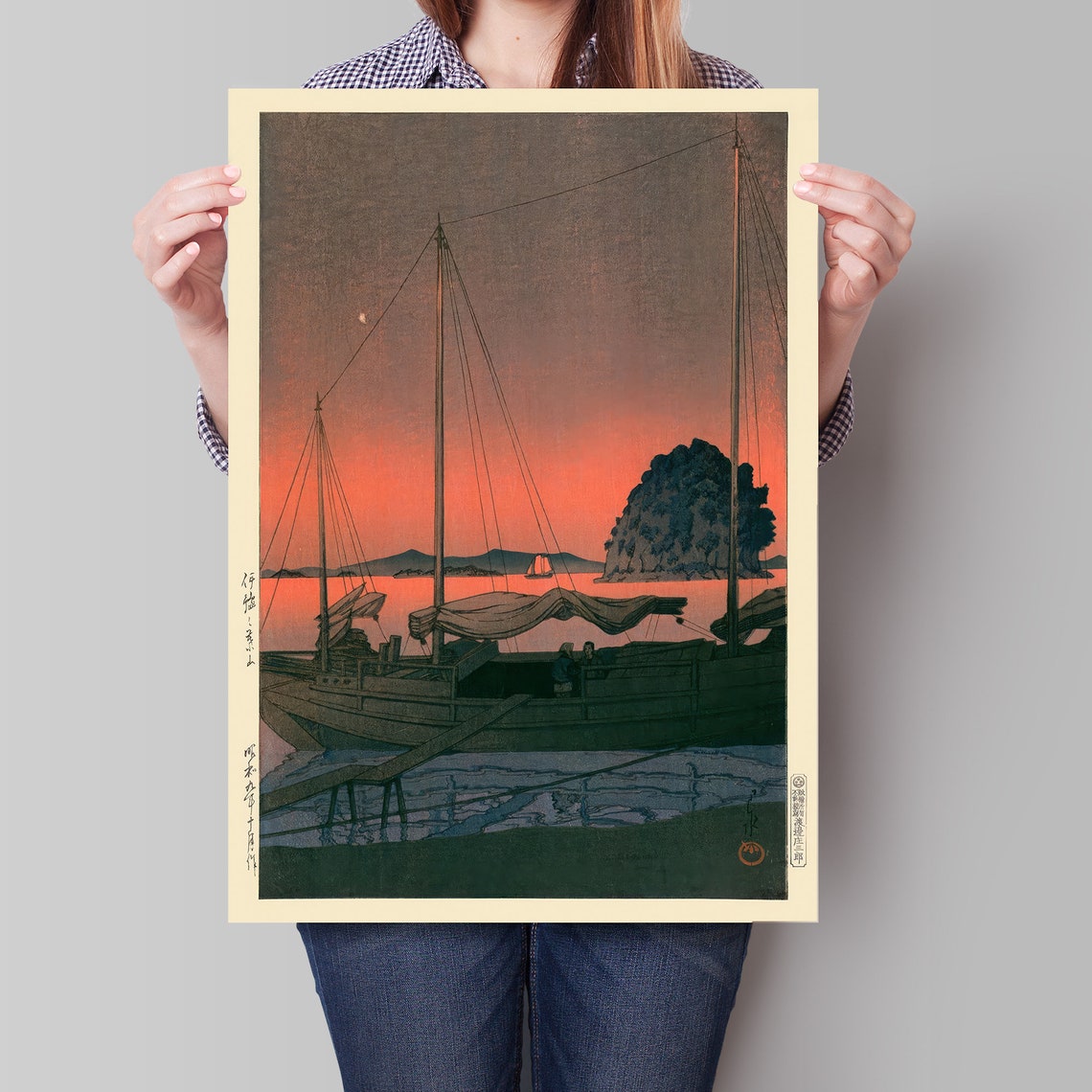 Japanese Sunset Harbor Sailboats Silhouette Woodblock Art Poster - Image 4